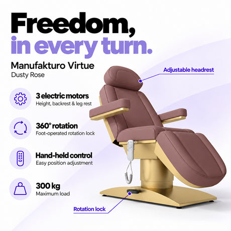 Manufakturo Virtue Dusty Rose electric beauty bed with 3 electric motors for height, backrest and leg rest adjustment, 360-degree rotation with a foot-operated lock, hand-held control and 300 kg maximum load.