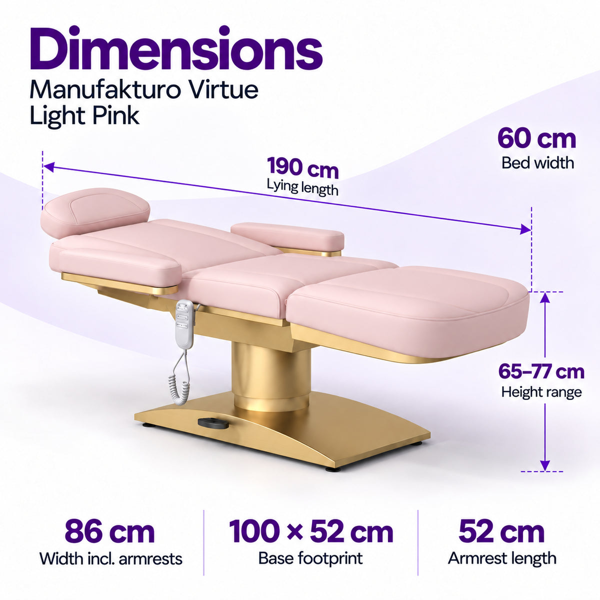 Manufakturo Virtue Light Pink beauty bed dimensions: 190 cm lying length, 60 cm bed width, 65-77 cm height range, 86 cm width including armrests, 100 x 52 cm base footprint and 52 cm armrest length.
