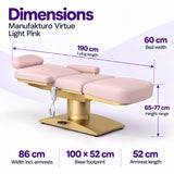 Manufakturo Virtue Light Pink beauty bed dimensions: 190 cm lying length, 60 cm bed width, 65-77 cm height range, 86 cm width including armrests, 100 x 52 cm base footprint and 52 cm armrest length.
