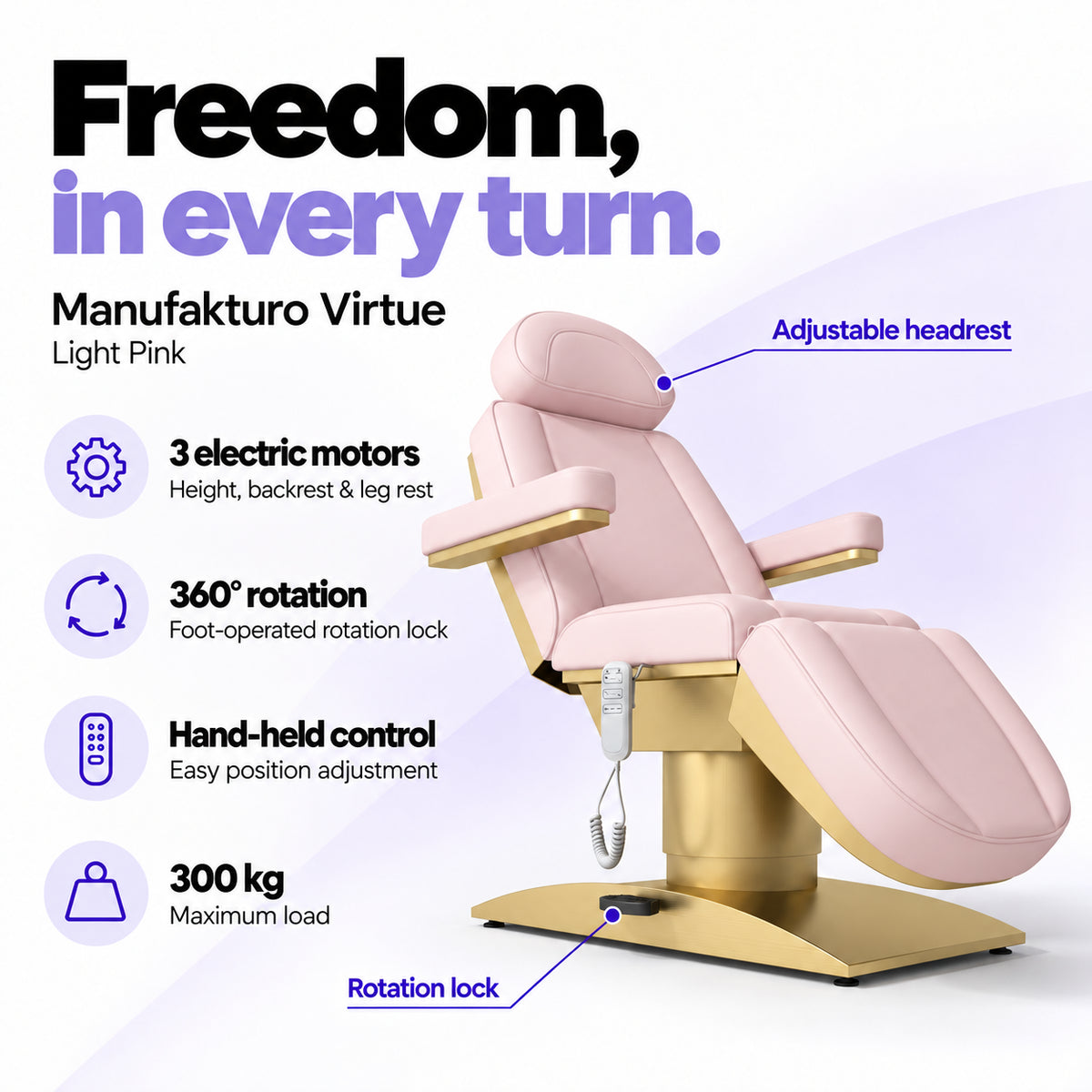 Manufakturo Virtue Light Pink electric beauty bed with 3 electric motors for height, backrest and leg rest adjustment, 360-degree rotation with a foot-operated lock, hand-held control and 300 kg maximum load.