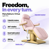 Manufakturo Virtue Light Pink electric beauty bed with 3 electric motors for height, backrest and leg rest adjustment, 360-degree rotation with a foot-operated lock, hand-held control and 300 kg maximum load.
