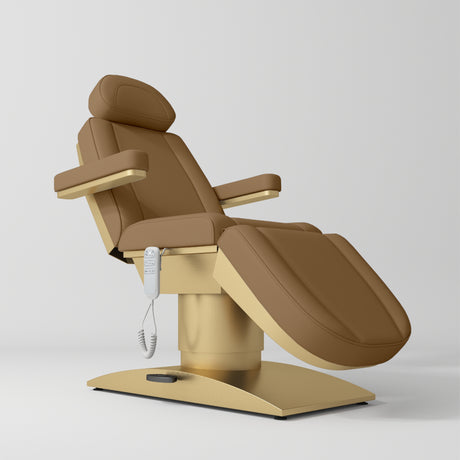 Manufakturo Virtue Luxury Electric Beauty Bed, 360° Rotation, Gold Titanium Frame Caramel - close-up of the upholstery and construction details