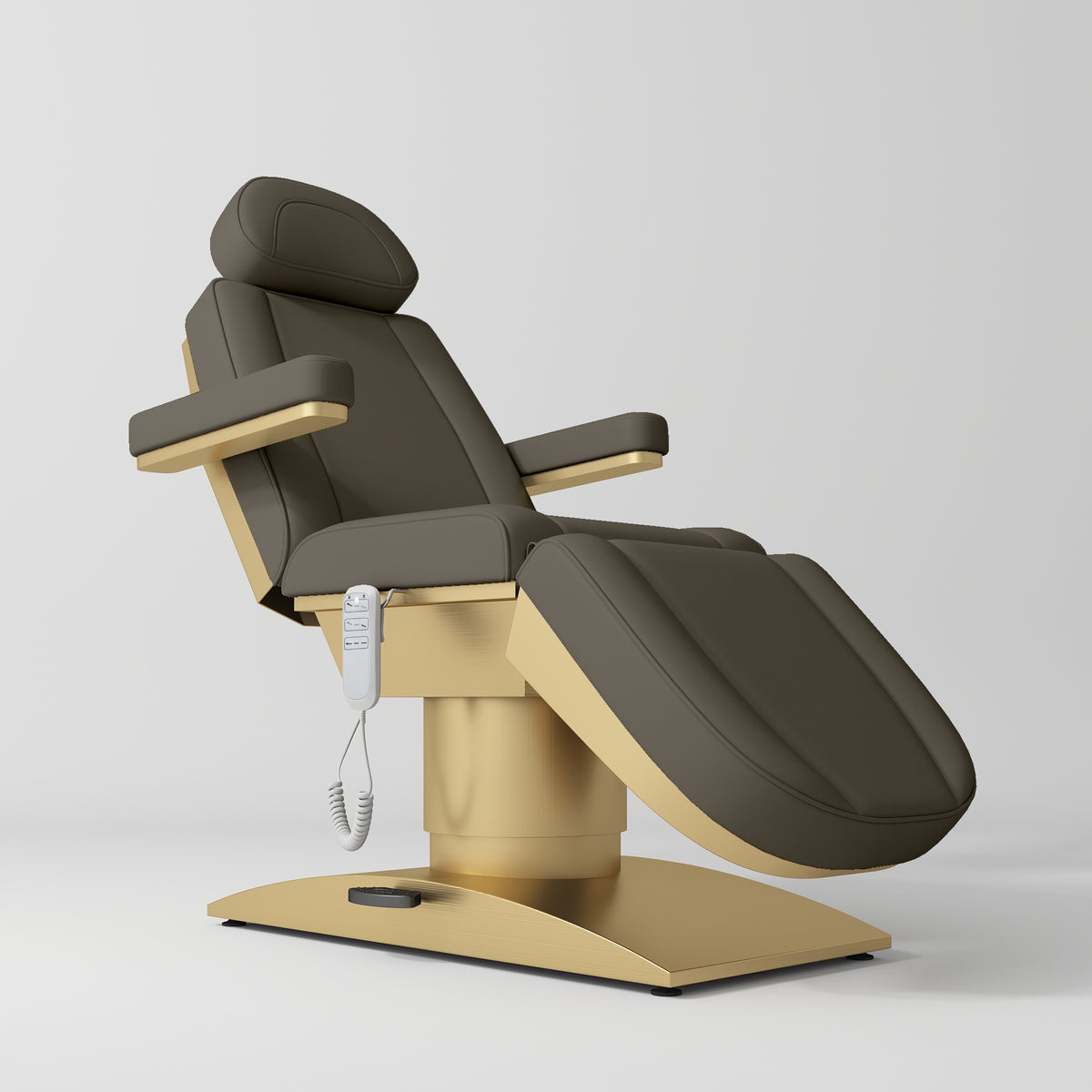Manufakturo Virtue Luxury Electric Beauty Bed, 360° Rotation, Gold Titanium Frame Cocoa Mocha - close-up of the upholstery and construction details