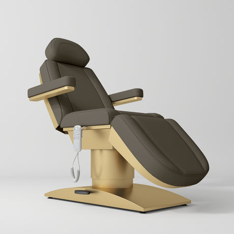 Manufakturo Virtue Luxury Electric Beauty Bed, 360° Rotation, Gold Titanium Frame Cocoa Mocha - close-up of the upholstery and construction details
