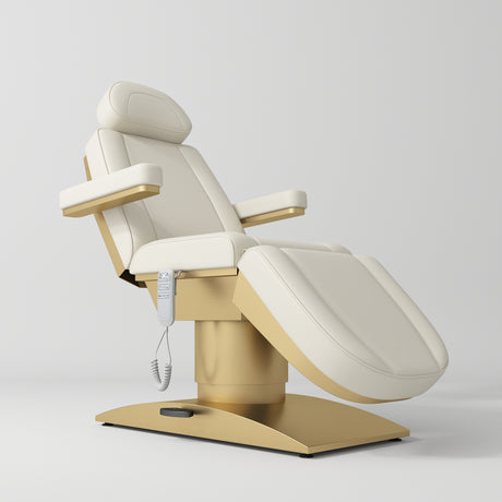 Manufakturo Virtue Luxury Electric Beauty Bed, 360° Rotation, Gold Titanium Frame Creamy - close-up of the upholstery and construction details