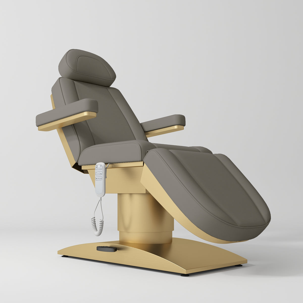 Manufakturo Virtue Luxury Electric Beauty Bed, 360° Rotation, Gold Titanium Frame Deep Ash - close-up of the upholstery and construction details