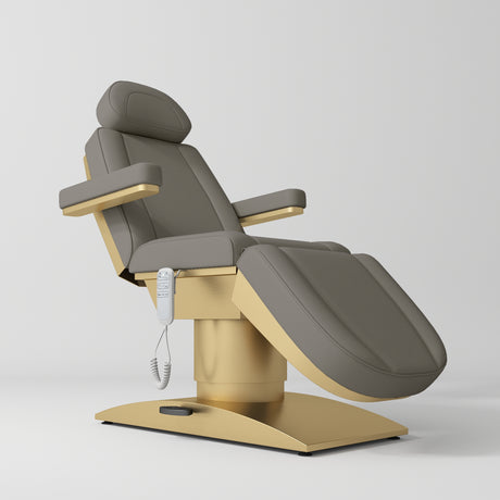 Manufakturo Virtue Luxury Electric Beauty Bed, 360° Rotation, Gold Titanium Frame Deep Ash - close-up of the upholstery and construction details