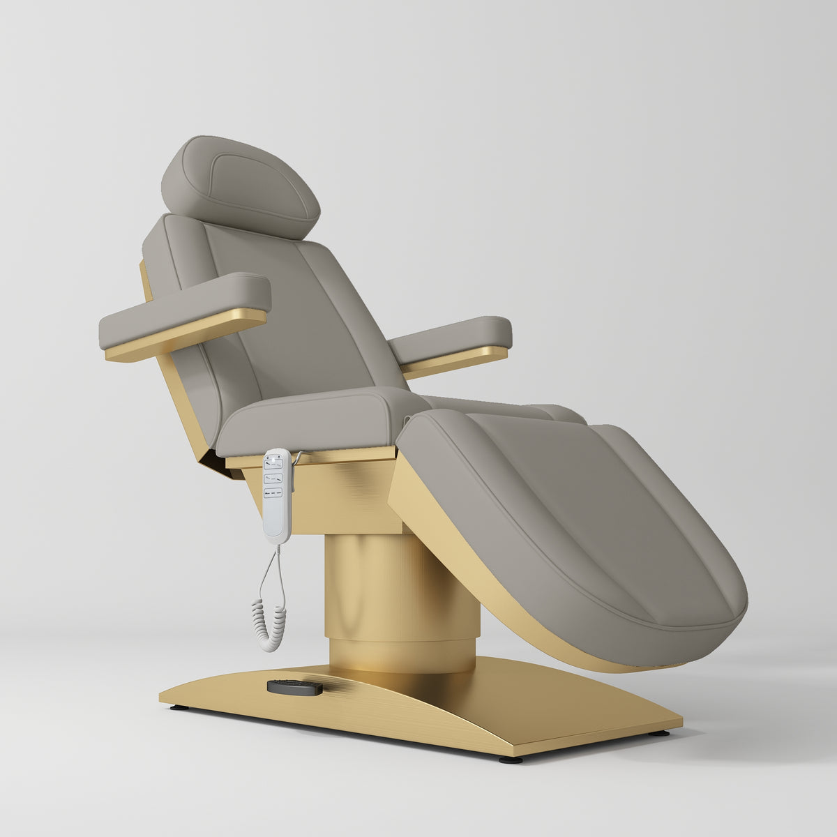 Manufakturo Virtue Luxury Electric Beauty Bed, 360° Rotation, Gold Titanium Frame Pearl Greige - close-up of the upholstery and construction details