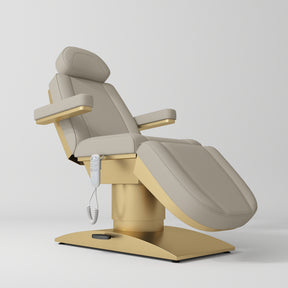 Manufakturo Virtue Luxury Electric Beauty Bed, 360° Rotation, Gold Titanium Frame Stone Taupe - close-up of the upholstery and construction details