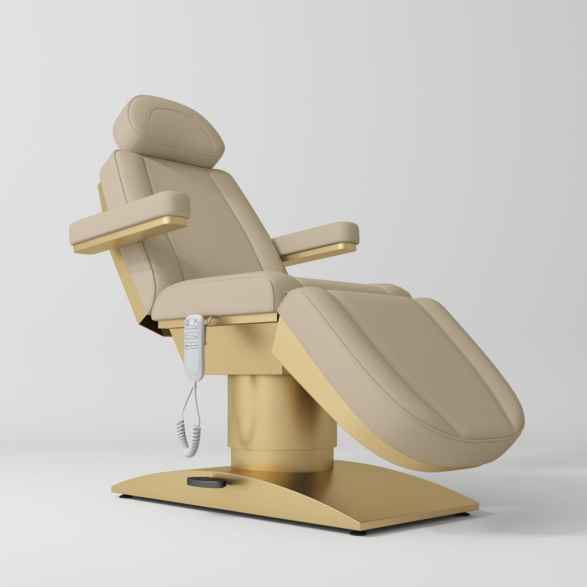 Manufakturo Virtue Luxury Electric Beauty Bed, 360° Rotation, Gold Titanium Frame Warm Beige - close-up of the upholstery and construction details