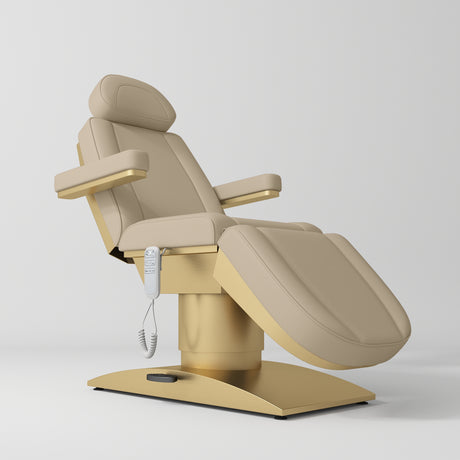 Manufakturo Virtue Luxury Electric Beauty Bed, 360° Rotation, Gold Titanium Frame Warm Beige - close-up of the upholstery and construction details