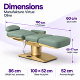 Manufakturo Virtue Olive beauty bed dimensions: 190 cm lying length, 60 cm bed width, 65-77 cm height range, 86 cm width including armrests, 100 x 52 cm base footprint and 52 cm armrest length.