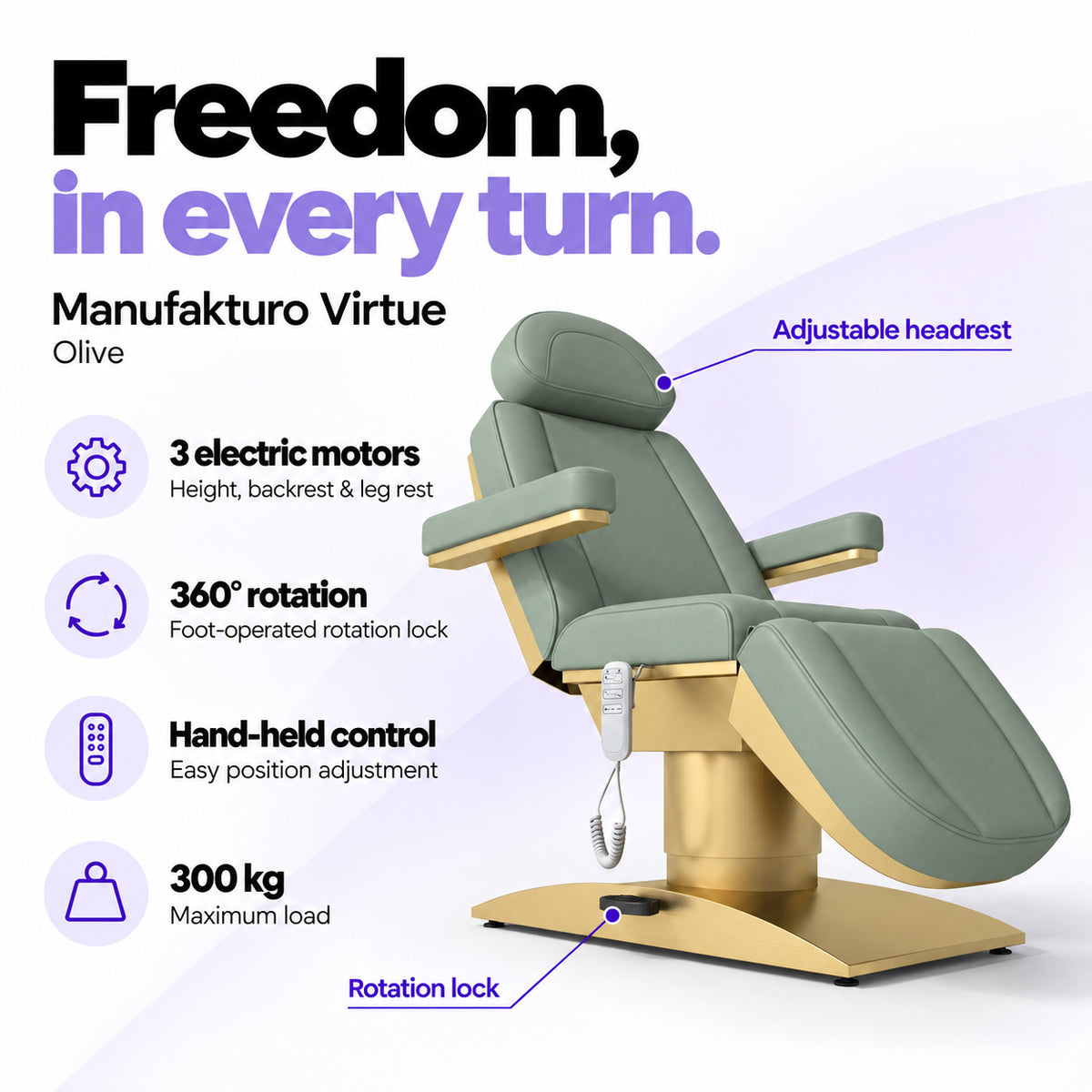 Manufakturo Virtue Olive electric beauty bed with 3 electric motors for height, backrest and leg rest adjustment, 360-degree rotation with a foot-operated lock, hand-held control and 300 kg maximum load.