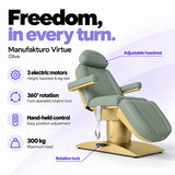 Manufakturo Virtue Olive electric beauty bed with 3 electric motors for height, backrest and leg rest adjustment, 360-degree rotation with a foot-operated lock, hand-held control and 300 kg maximum load.