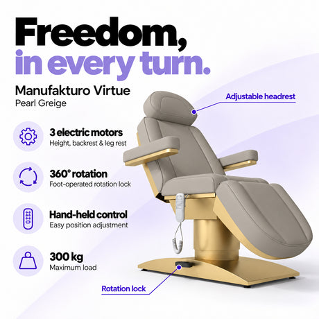 Manufakturo Virtue Pearl Greige electric beauty bed with 3 electric motors for height, backrest and leg rest adjustment, 360-degree rotation with a foot-operated lock, hand-held control and 300 kg maximum load.