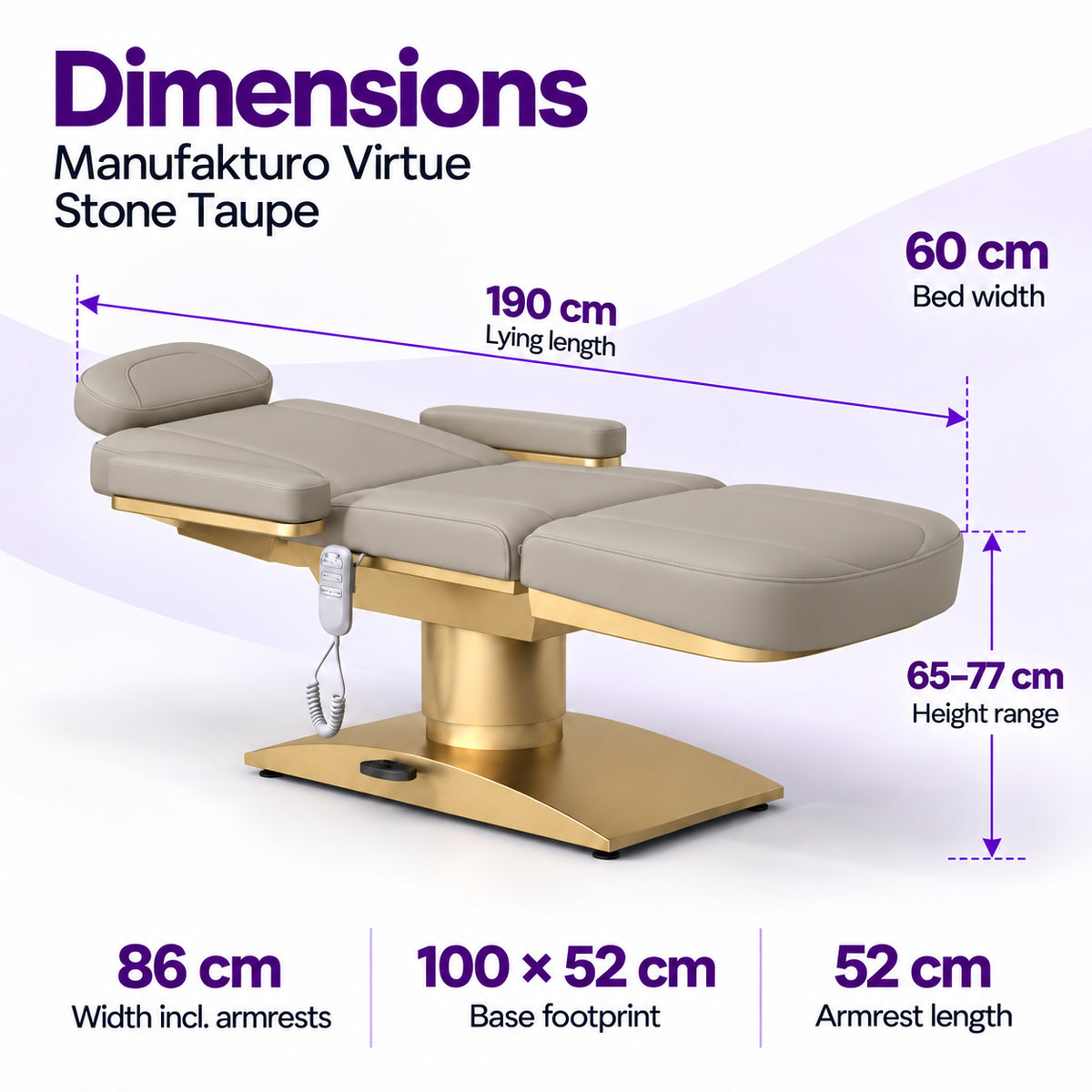 Manufakturo Virtue Stone Taupe beauty bed dimensions: 190 cm lying length, 60 cm bed width, 65-77 cm height range, 86 cm width including armrests, 100 x 52 cm base footprint and 52 cm armrest length.