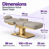 Manufakturo Virtue Stone Taupe beauty bed dimensions: 190 cm lying length, 60 cm bed width, 65-77 cm height range, 86 cm width including armrests, 100 x 52 cm base footprint and 52 cm armrest length.