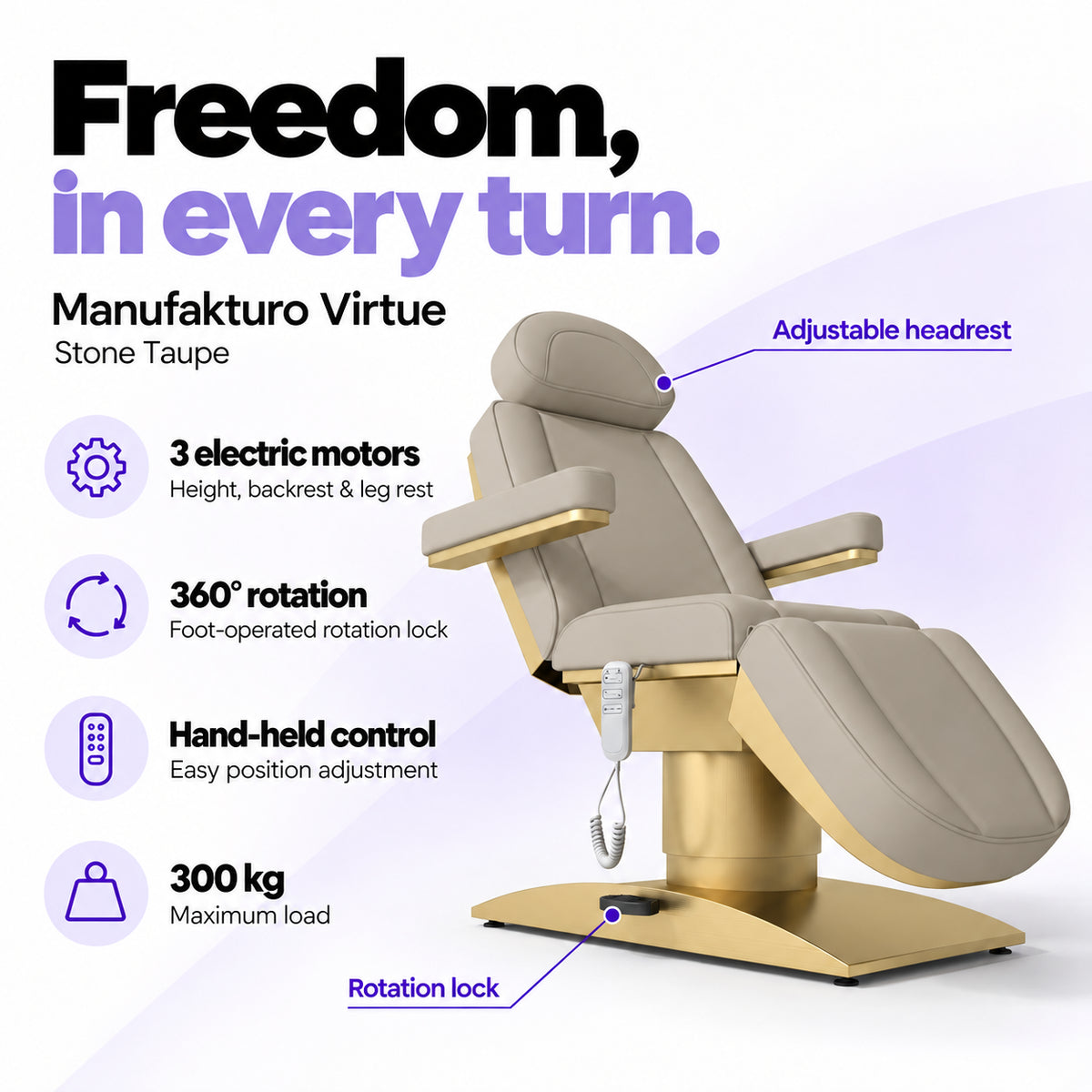 Manufakturo Virtue Stone Taupe electric beauty bed with 3 electric motors for height, backrest and leg rest adjustment, 360-degree rotation with a foot-operated lock, hand-held control and 300 kg maximum load.