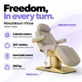 Manufakturo Virtue Stone Taupe electric beauty bed with 3 electric motors for height, backrest and leg rest adjustment, 360-degree rotation with a foot-operated lock, hand-held control and 300 kg maximum load.