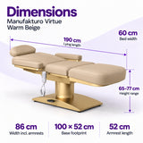 Manufakturo Virtue Warm Beige beauty bed dimensions: 190 cm lying length, 60 cm bed width, 65-77 cm height range, 86 cm width including armrests, 100 x 52 cm base footprint and 52 cm armrest length.