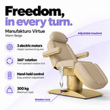 Manufakturo Virtue Warm Beige electric beauty bed with 3 electric motors for height, backrest and leg rest adjustment, 360-degree rotation with a foot-operated lock, hand-held control and 300 kg maximum load.