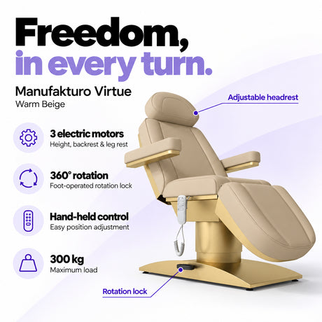 Manufakturo Virtue Warm Beige electric beauty bed with 3 electric motors for height, backrest and leg rest adjustment, 360-degree rotation with a foot-operated lock, hand-held control and 300 kg maximum load.