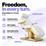 Manufakturo Virtue White electric beauty bed with 3 electric motors for height, backrest and leg rest adjustment, 360-degree rotation with a foot-operated lock, hand-held control and 300 kg maximum load.