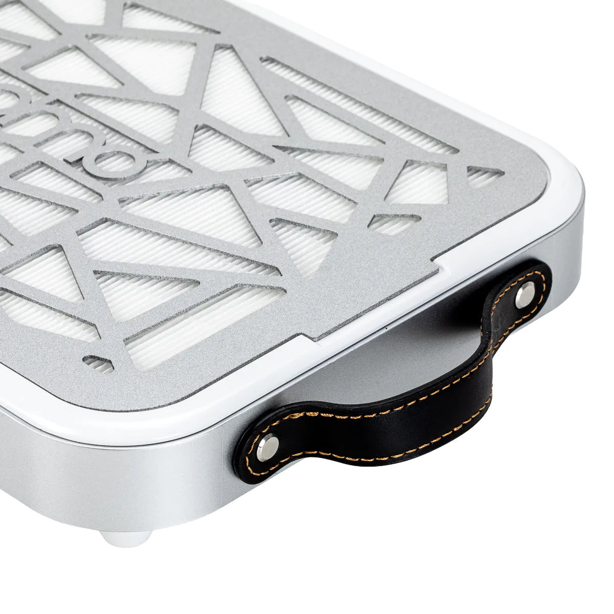 Side detail of the Momo P35 nail dust collector showing its stitched black carry handle