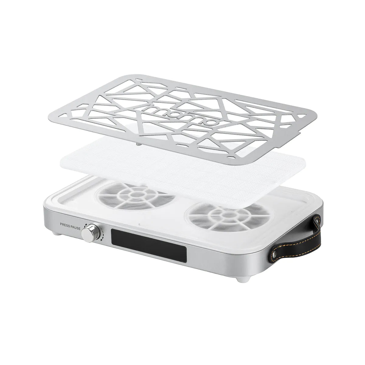 Momo P35 nail dust collector with the metal grille and pleated filter lifted to reveal two fans