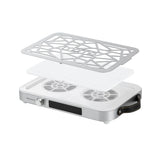 Momo P35 nail dust collector with the metal grille and pleated filter lifted to reveal two fans