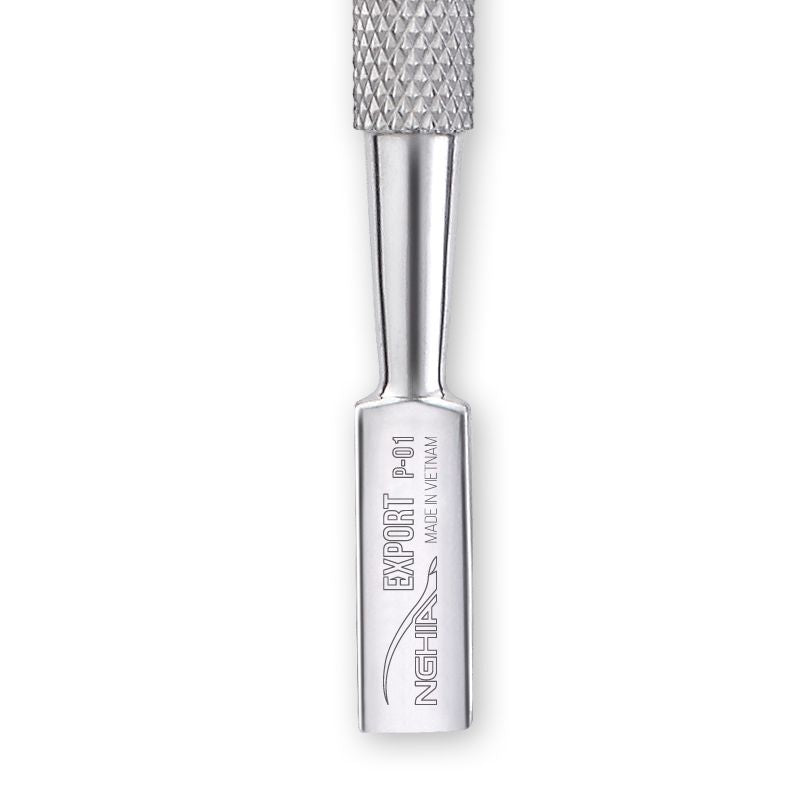 Nghia Export P-01 Stainless-Steel Cuticle Pusher - stainless-steel cuticle pusher with the working tip visible on a white background