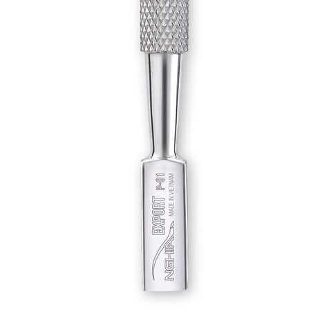 Nghia Export P-01 Stainless-Steel Cuticle Pusher - stainless-steel cuticle pusher with the working tip visible on a white background