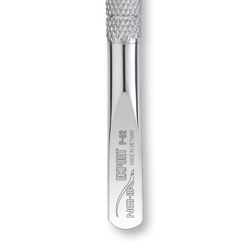 Nghia Export P-02 Stainless-Steel Cuticle Pusher - stainless-steel cuticle pusher with the working tip visible on a white background