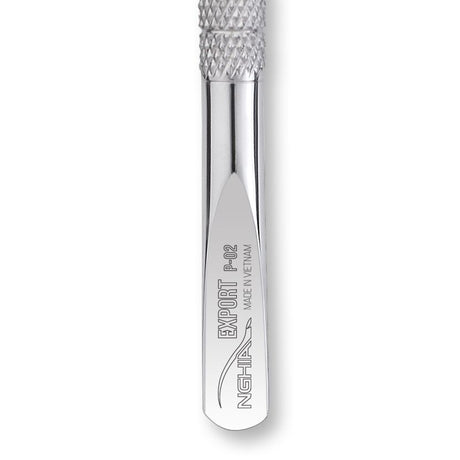 Nghia Export P-02 Stainless-Steel Cuticle Pusher - stainless-steel cuticle pusher with the working tip visible on a white background