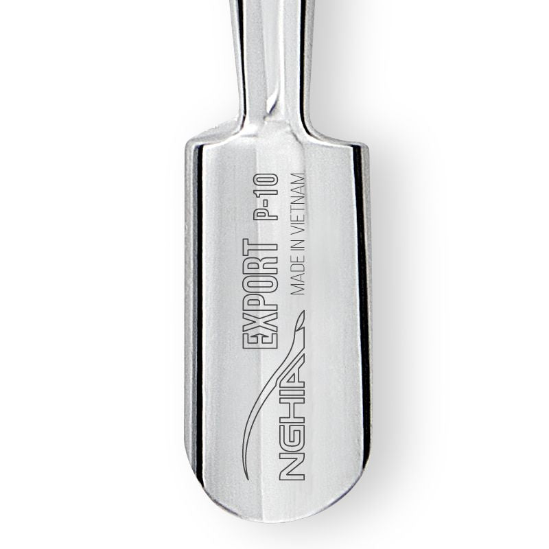 Nghia Export P-10 Stainless-Steel Cuticle Pusher - stainless-steel cuticle pusher with the working tip visible on a white background