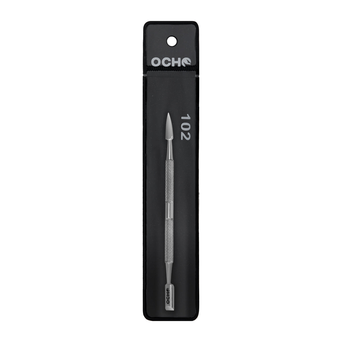 Ocho Pro 102 Cuticle Pusher Professional Manicure & Pedicure Tool - stainless-steel cuticle pusher with the working tip visible on a white background