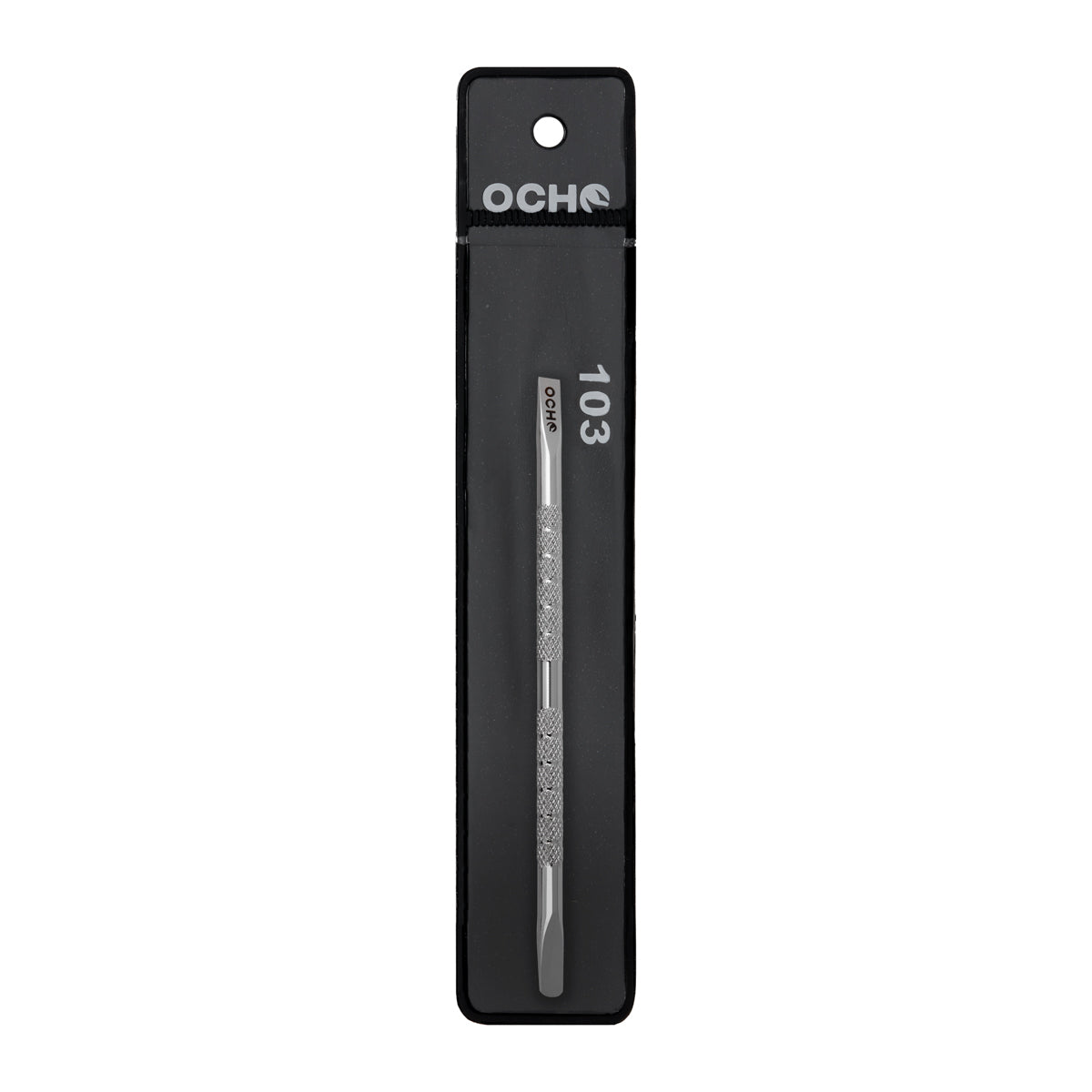 Ocho Pro 103 Cuticle Pusher Professional Manicure & Pedicure Tool - stainless-steel cuticle pusher with the working tip visible on a white background