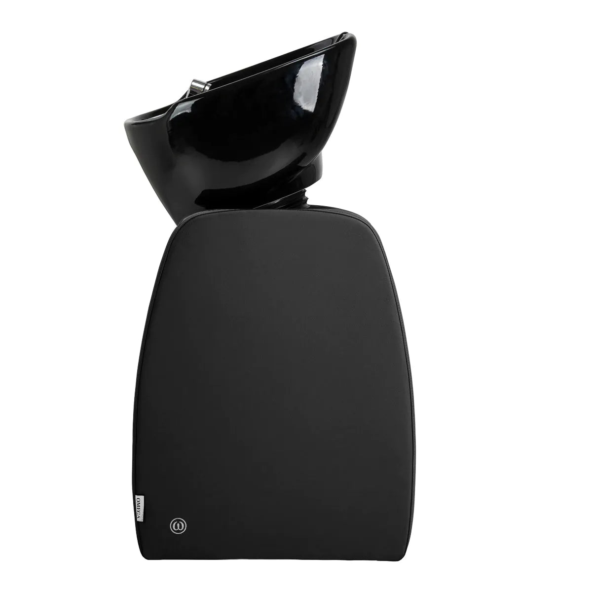 Omega Aqualina black backwash unit with the ceramic basin tilted forward
