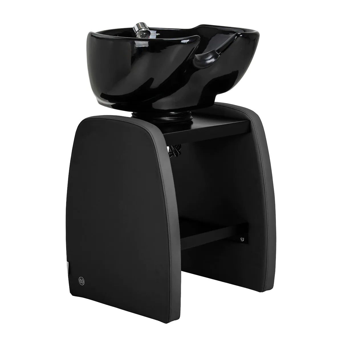 Omega Aqualina black freestanding hairdressing backwash unit, front three-quarter view