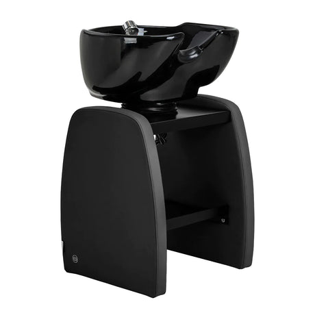 Omega Aqualina black freestanding hairdressing backwash unit, front three-quarter view