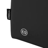 Omega embroidered logo and label on the black upholstered base