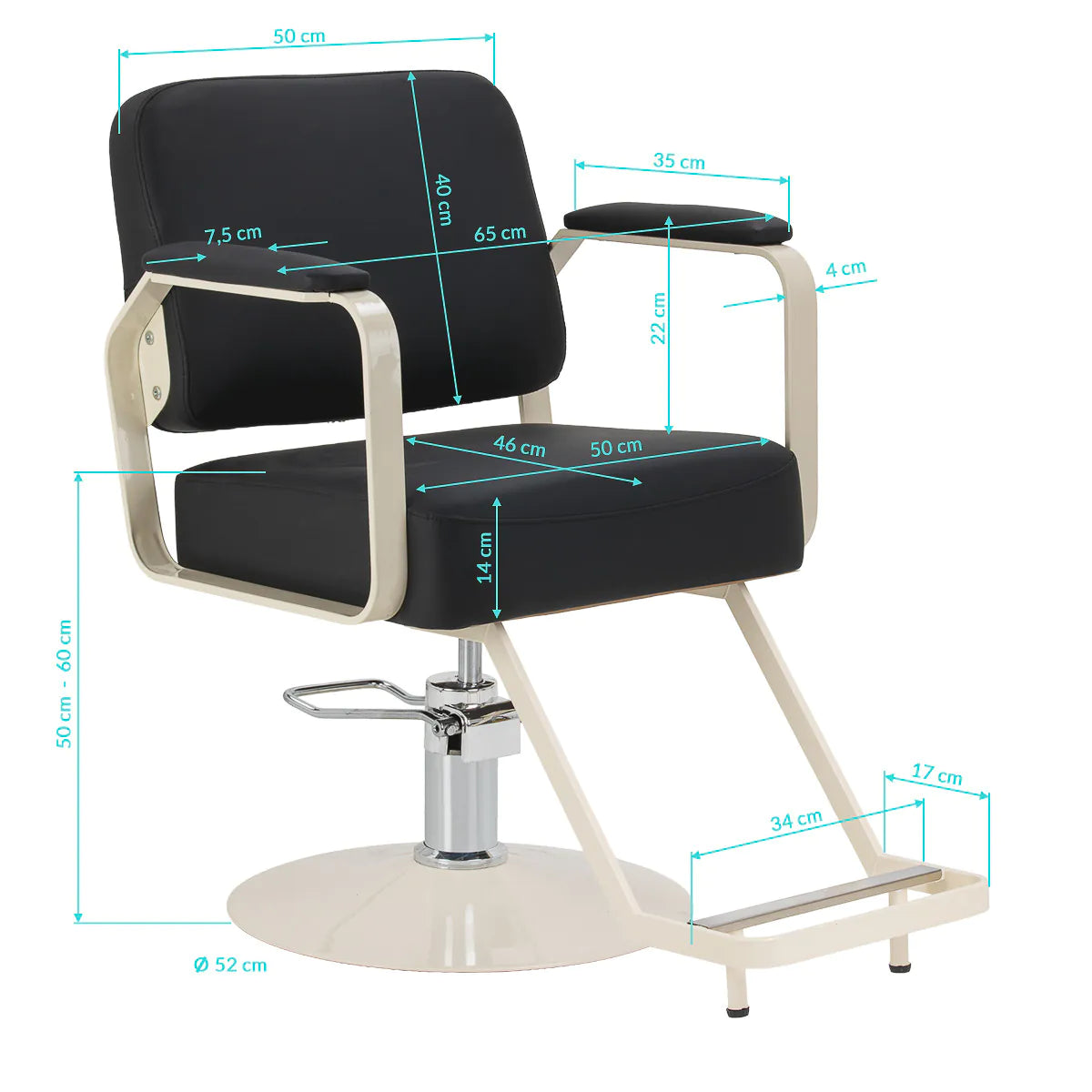 Omega Hairdressing Chair Aurora Black - close-up of the upholstery, frame and footrest details