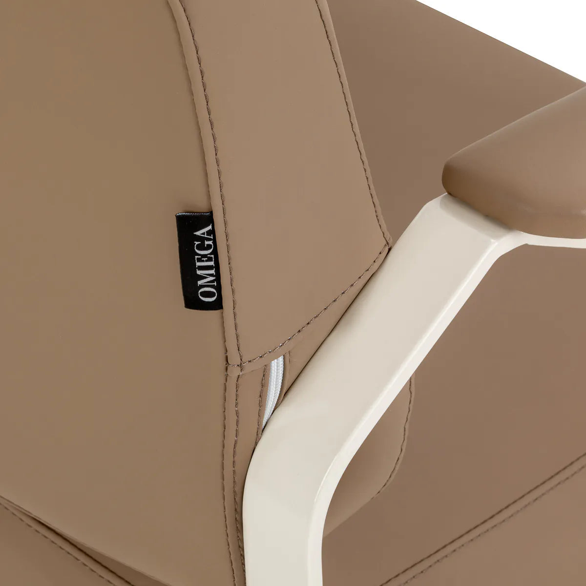 Omega Hairdressing Chair Aurora Light Brown - close-up of the upholstery and construction details