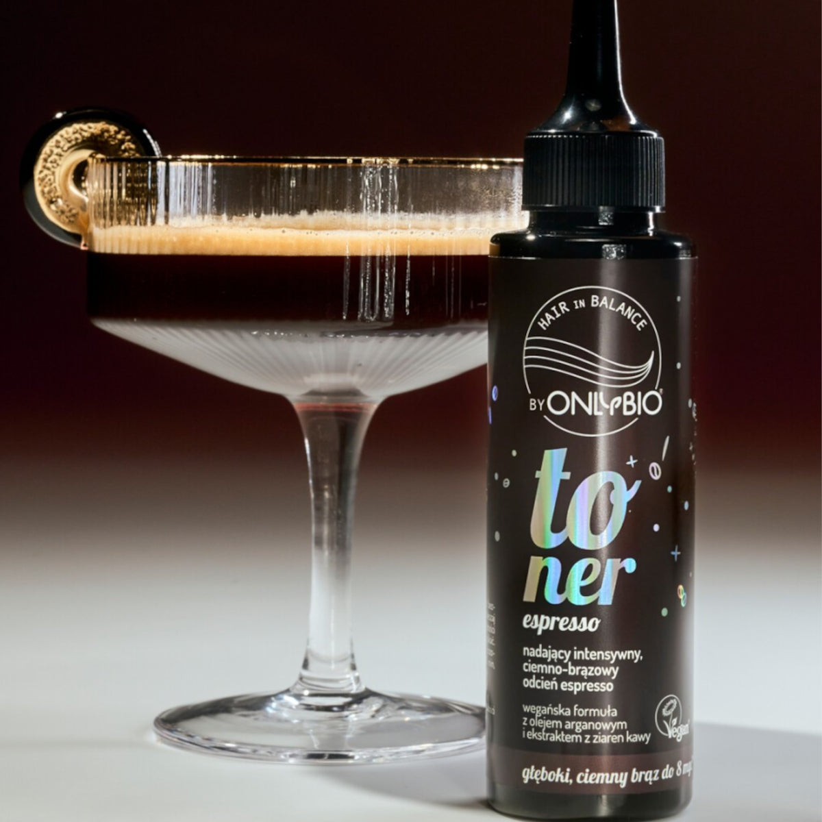 OnlyBio Hair Balance Hair Toner Espresso - product and colour result shown on hair