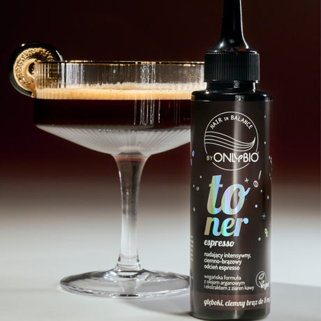 OnlyBio Hair Balance Hair Toner Espresso - product and colour result shown on hair
