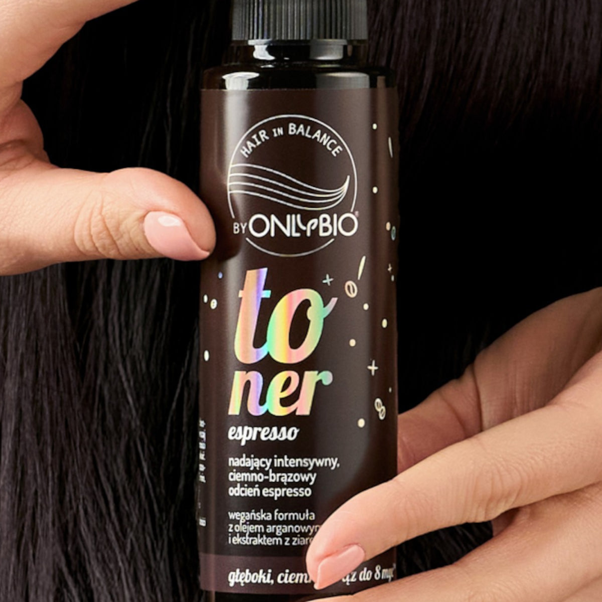OnlyBio Hair Balance Hair Toner Espresso - product and colour result shown on hair