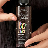 OnlyBio Hair Balance Hair Toner Espresso - product and colour result shown on hair