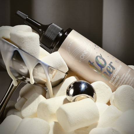 OnlyBio Hair Balance Hair Toner Marshmallow Blonde - product and colour result shown on hair