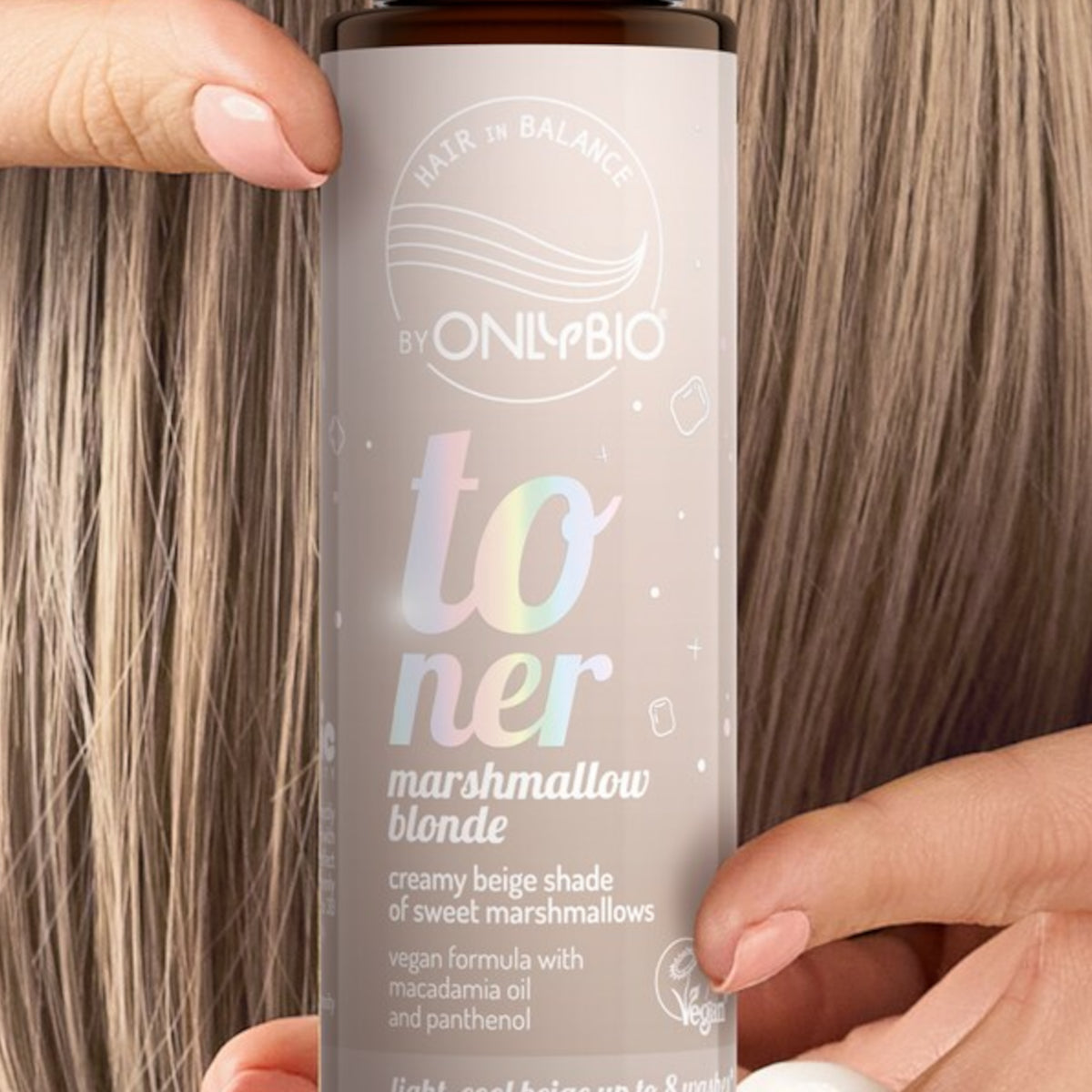 OnlyBio Hair Balance Hair Toner Marshmallow Blonde - product and colour result shown on hair