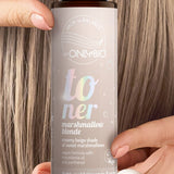 OnlyBio Hair Balance Hair Toner Marshmallow Blonde - product and colour result shown on hair